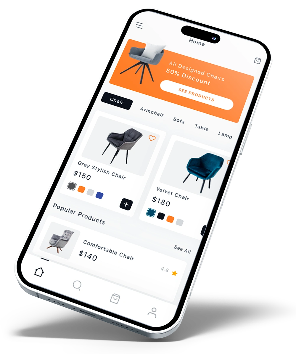 realizzazione sito ecommeerce a phone with a screen showing a chair price